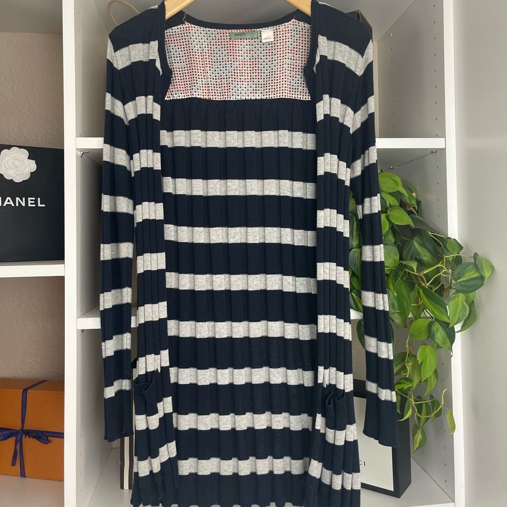 Anthropologie Navy and White Striped Open Cardigan